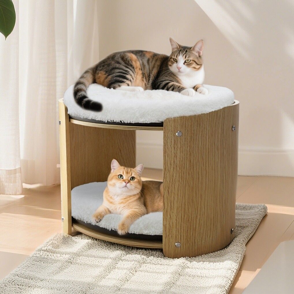 V178-66928-202508050915-00 Elevated Double Cat Bed 2-Tier Wooden Plush Kitten Lounge - Image 1