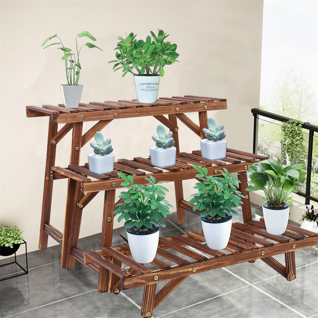 V178-66994-202508050945-00 Pine Wood 3pcs Plant Stand Ladder Garden Flower Display - Image 1