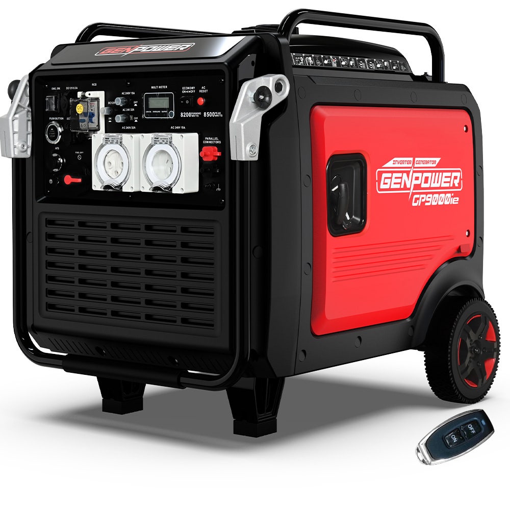 V219-GENPTRGN90SA-202508191016-00 GENPOWER 8.5kW Peak 8.2kW Inverter Generator, Push Button & Remote Start, ATS Compatible, RCD, Portable w/ Wheels, 27L Fuel Tank, Grid Power Home Backup - Image 1