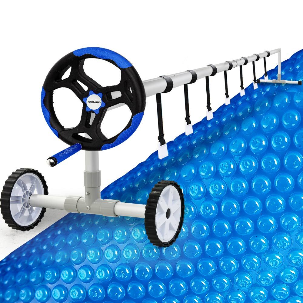 V219-SWPCOMAURA5B63B-202507111015-00 Aurelaqua Pool Cover Roller and 6x3.2m Solar Blanket 400 Micron, Blue - Image 1