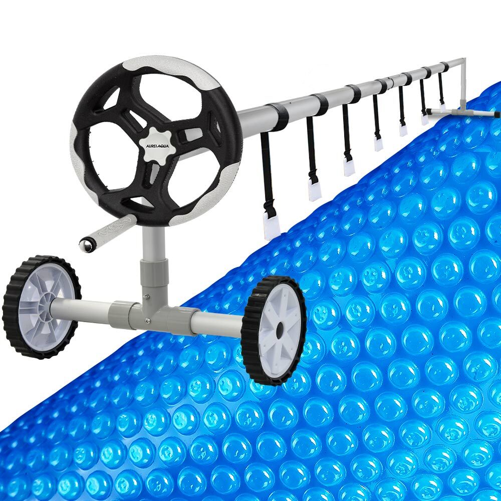 V219-SWPCOMAURA7G105BX-202508111525-00 AURELAQUA Pool Cover Roller and 10x5m Solar Blanket 500 Micron, Blue - Image 1
