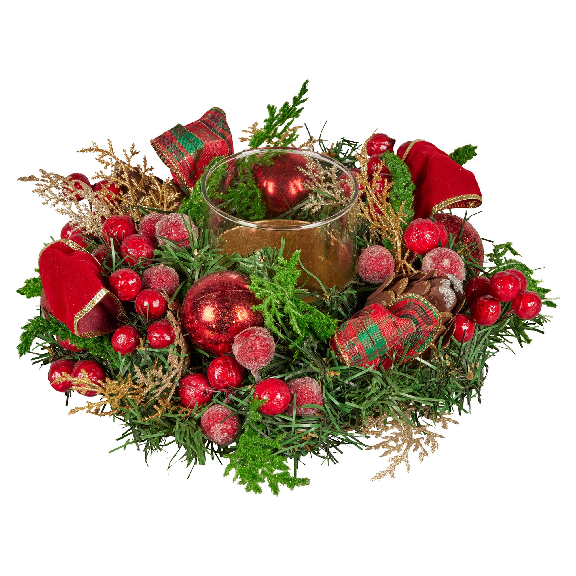 V240-112_GUE513-202509090835-00 Christabelle 26cm Christmas Centrepiece Lush Green Holiday Display w/Red Berries & Hurricane Candle Holder Pre-decorated for Dining Table Console - Image 1