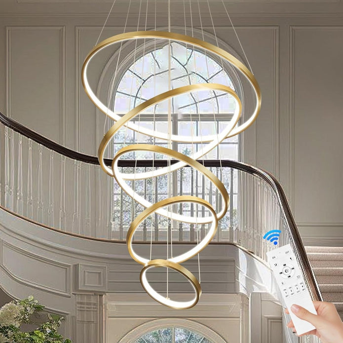 V255-BAM-188015-GOLD-202508111520-00 BAMDECOR A18801 Modern LED Chandelier, Dimmable Pendant Light with Remote Control Rings Round Ceiling Lighting Fixture 3 Color Temperatures Contemporary Chandeliers (5 Rings-Gold) - Image 1