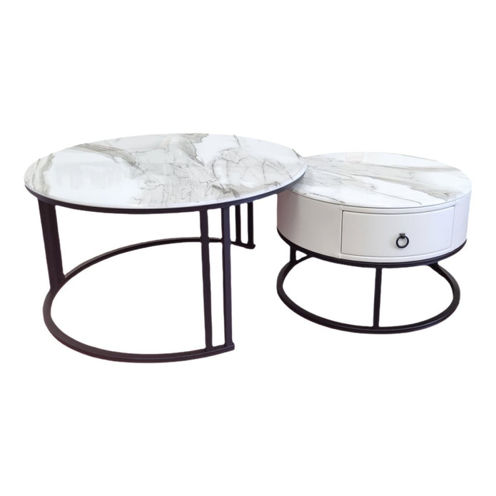 V255-CT-NESTING-BLKFRM-CW-WH-202509191155-00 Snowy Mountain Faux Modern Marble Slate Nesting Coffee Table Set Leather Wrapped Wood Drawers - Image 1