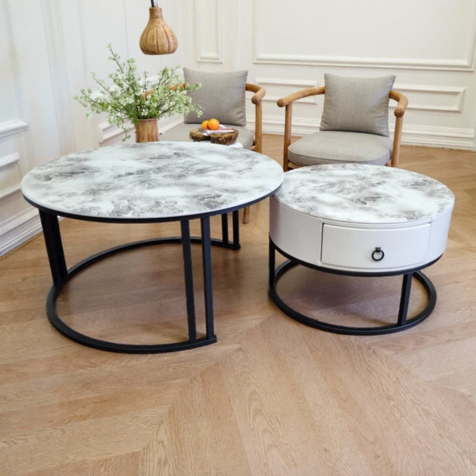 V255-CT-NESTING-BLKFRM-VOL0806-202509191155-00 Snowy Mountain Faux Modern Marble Slate Nesting Coffee Table Set Leather Wrapped Wood Drawers - Image 1