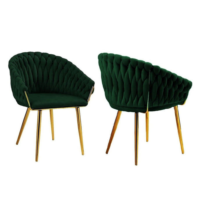 V255-SE-GP1801-DC-EGREEN-202508300011-00 SERENITà Emerald Green Modern Velvet Dining Chairs, Upholstered Living Room Chair with Woven Back and Golden Metal Legs, Mid-Century Accent Set of 2(GREEN) - Image 1