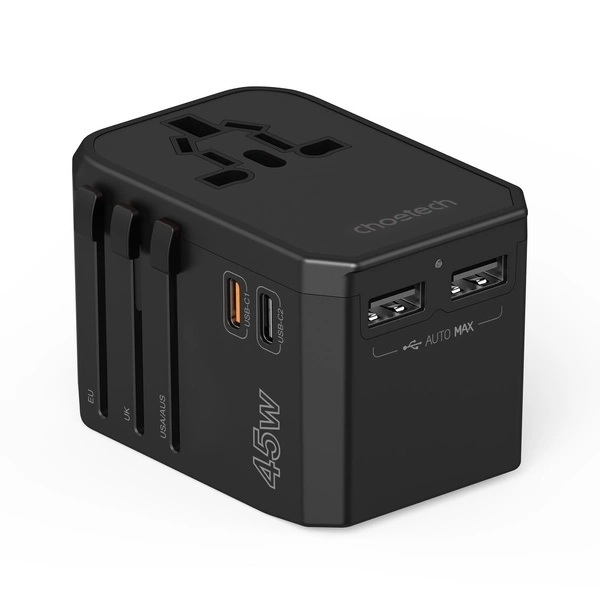 V28-ELECHOPD6045-202509221025-00 CHOETECH PD6045 GaN Tech 2C+2A 45W Travel Adapter with US EU UK AU Plugs Black - Image 1