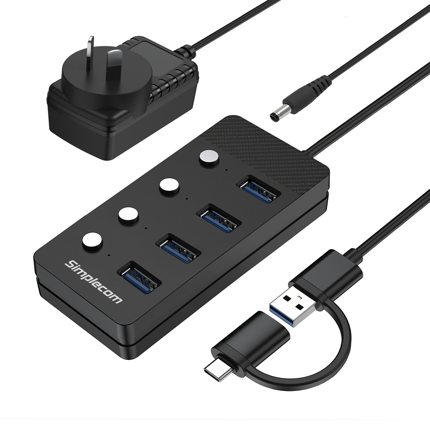 V28-SIMCH345C-202507081120-00 Simplecom CH345C SuperSpeed USB-A and USB-C to 4-Port USB 3.0 Hub 5Gbps Individual Switches and Power Adapter - Image 1