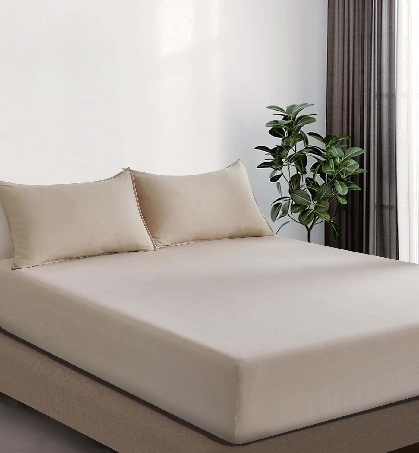 V439-AFSLINENWM-202507150910-00 100% Vintage Washed Microfibre Fitted Sheet Set – Ultra Soft & Lightweight All-Season Fitted Sheet with 1 Pillowcase (Linen, Single Size) - Image 1