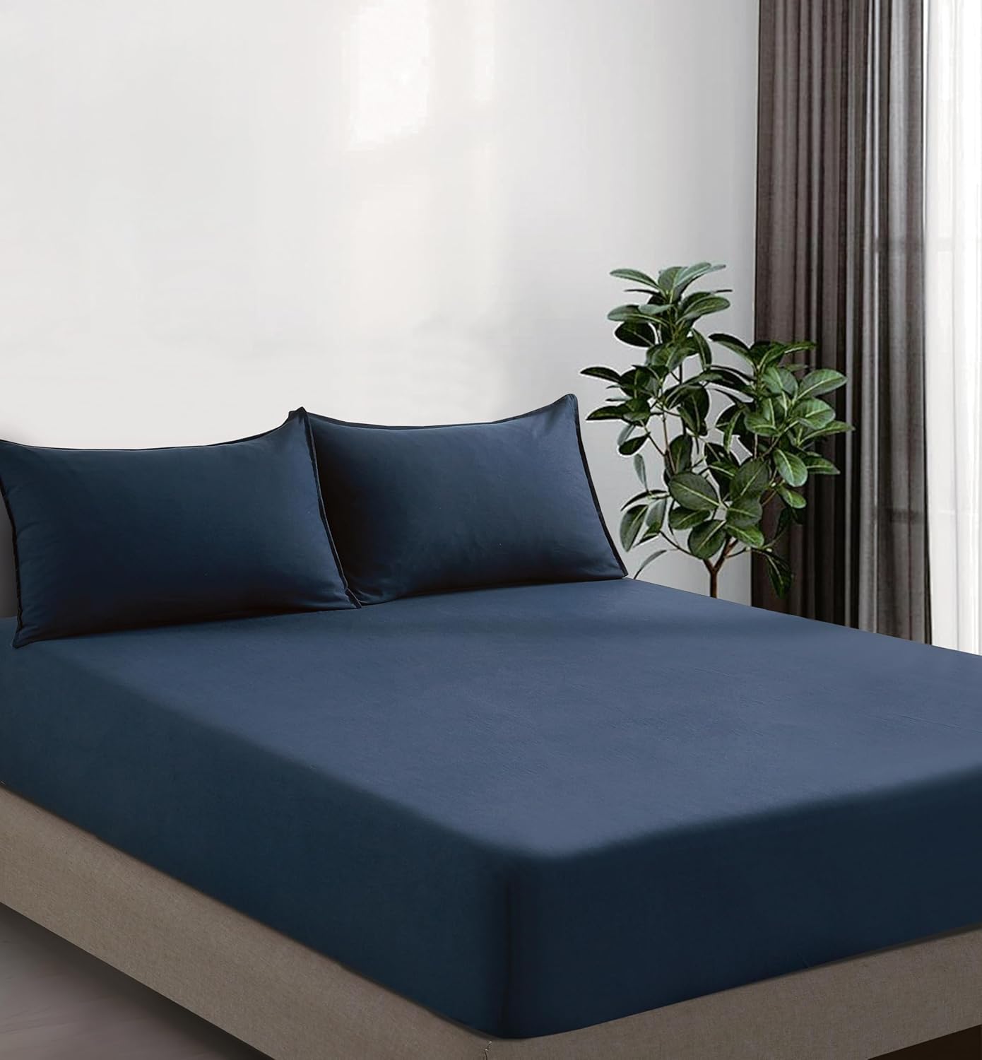 V439-AFSNAVYWM-202507150911-00 100% Vintage Washed Microfibre Fitted Sheet Set – Ultra Soft & Lightweight All-Season Fitted Sheet with 1 Pillowcase (Navy Blue, Single Size) - Image 1