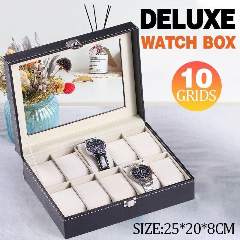 V528-10GRIDSWATCHBO-573410-202509291901-00 Leather Watch Jewelry Display Storage Holder Case 10 Grids Box Organizer - Image 1