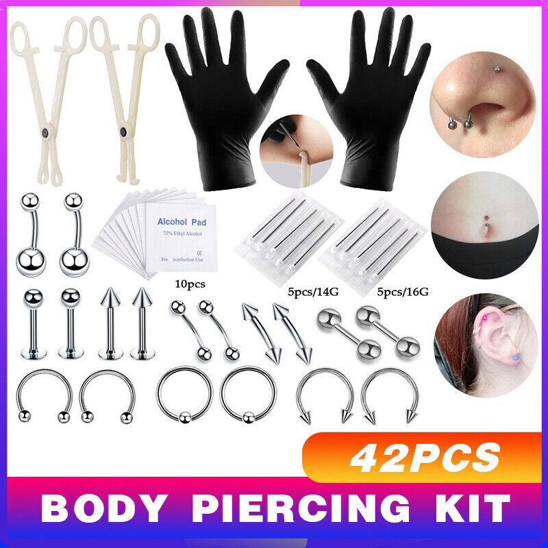 V528-9360312162287-202509291727-00 42Pcs Body Piercing Kit Needle Nipple Belly Tongue Eyebrow Nose Lip Ring 14G/16G - Image 1