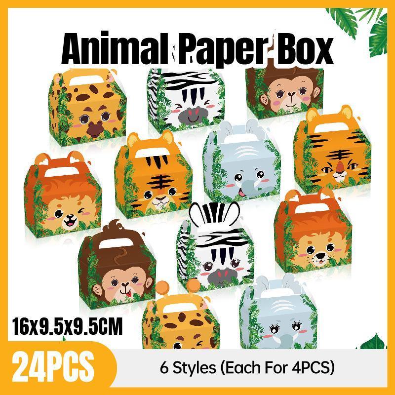 V528-ANIMAL-BOX-24PCS-543008-202509251426-00 24X Jungle Safari Animal Gift Boxes Bag Favour Present Wrapping Candy Cookie Box - Image 1