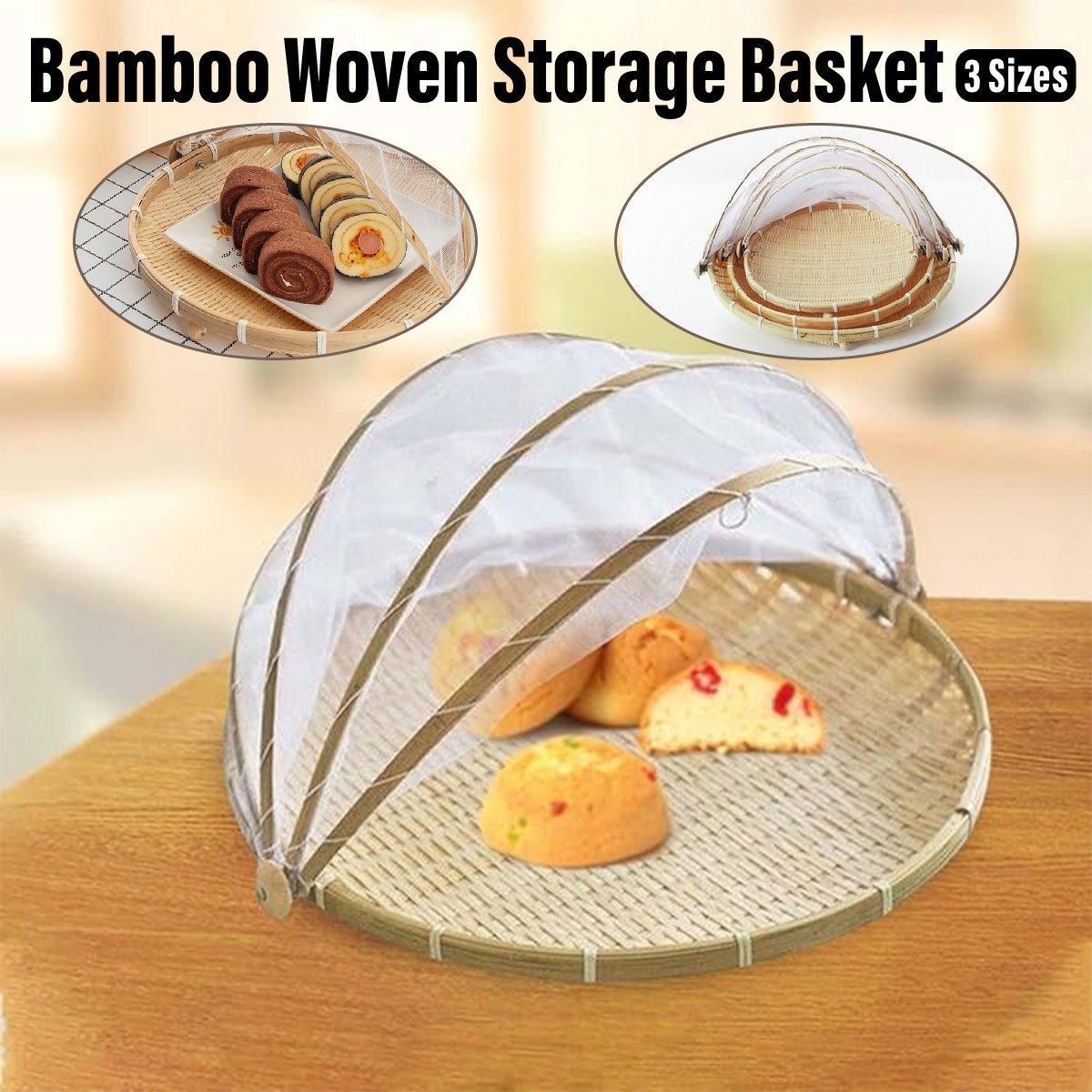V528-BAMBOO-BASKET-42CM-825189-202509301209-00 Bamboo Storage Basket with Mesh Cover for Fruit Vegetables Food Buns Kitchen - 42CM - Image 1