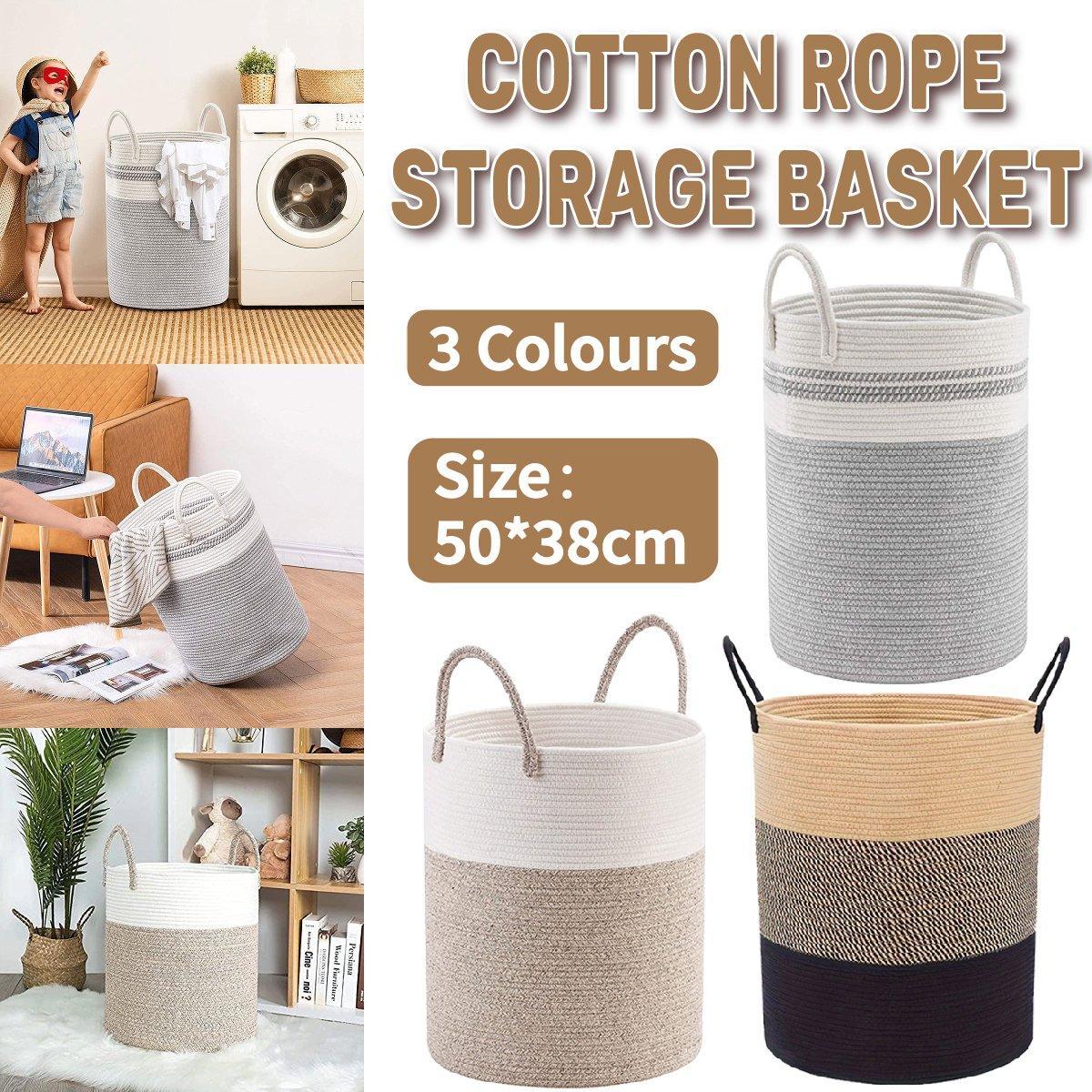 V528-BASKET-KHAKI-BLACK-756362-202510010545-00 Woven Cotton Rope Storage Basket Foldable Laundry Bin Bamboo Clothes Organizer - Khaki Black - Image 1