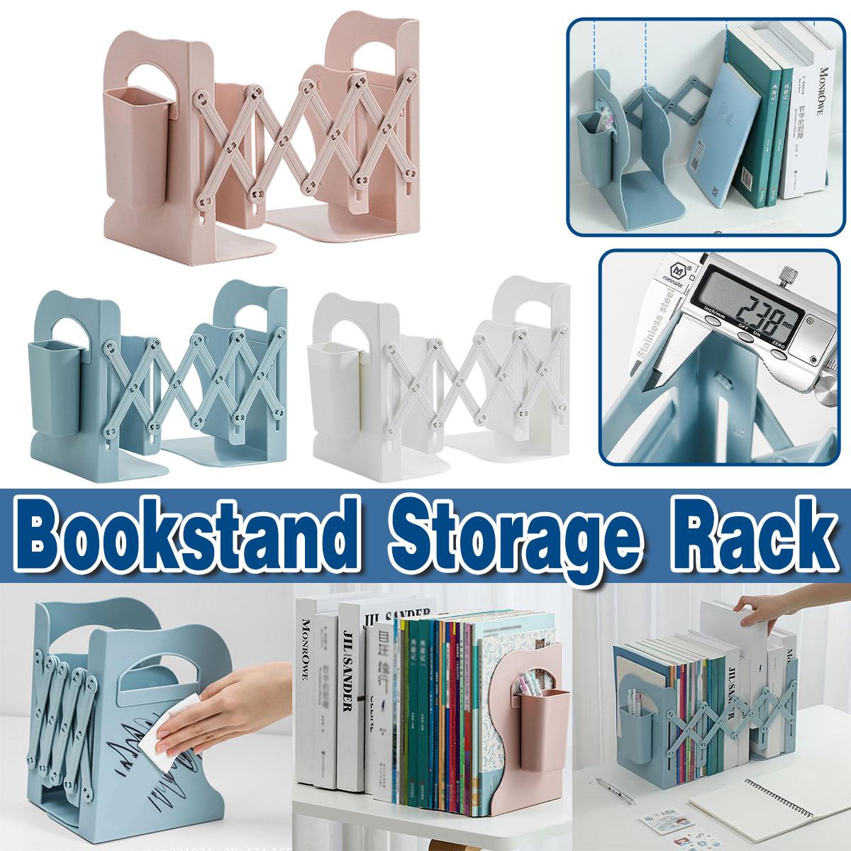 V528-BOOK-END-WHITE-L-359833-202509301509-00 Retractable Book Stand Desk Organizer Adjustable Storage Rack with Pen Holder - White - Image 1