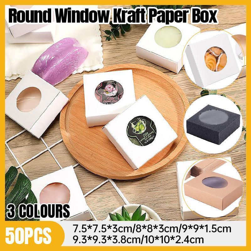 V528-BOX-50PCS-WHITE-9-9-15-414488-202509301545-00 50PCS Handmade Soap Paper Box Round Window Kraft Black White Candy Biscuit Box - White-50pcs 9*9*1.5CM - Image 1