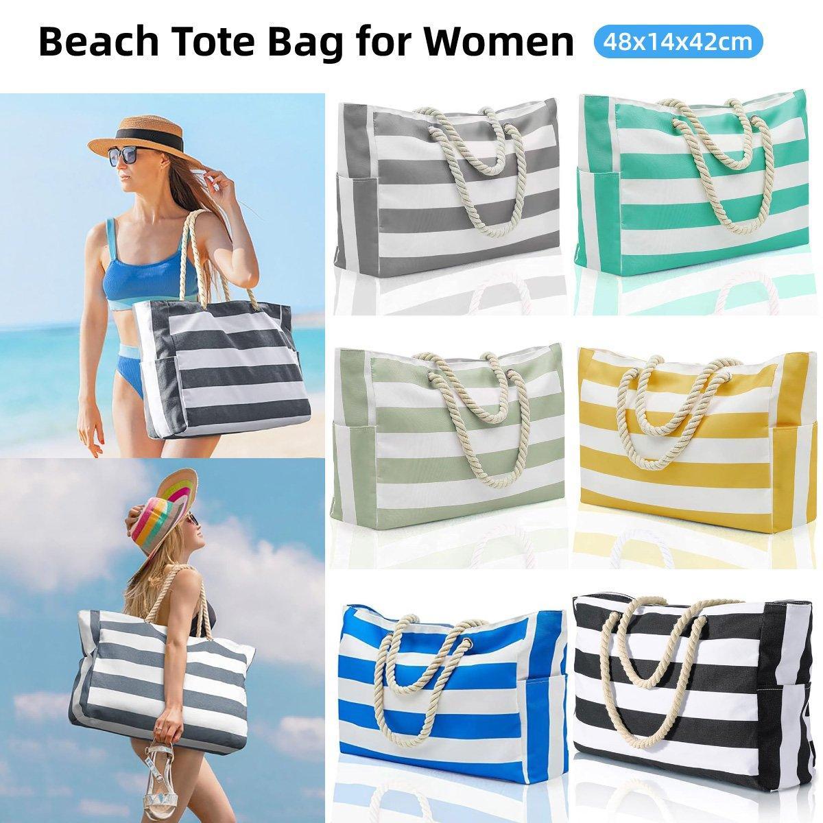 V528-CANVAS-BAG-BLUE-475641-202509301327-00 Large Bohemian Striped Canvas Beach Bag Zipper Tote for Travel Outdoor Vacation - Blue - Image 1