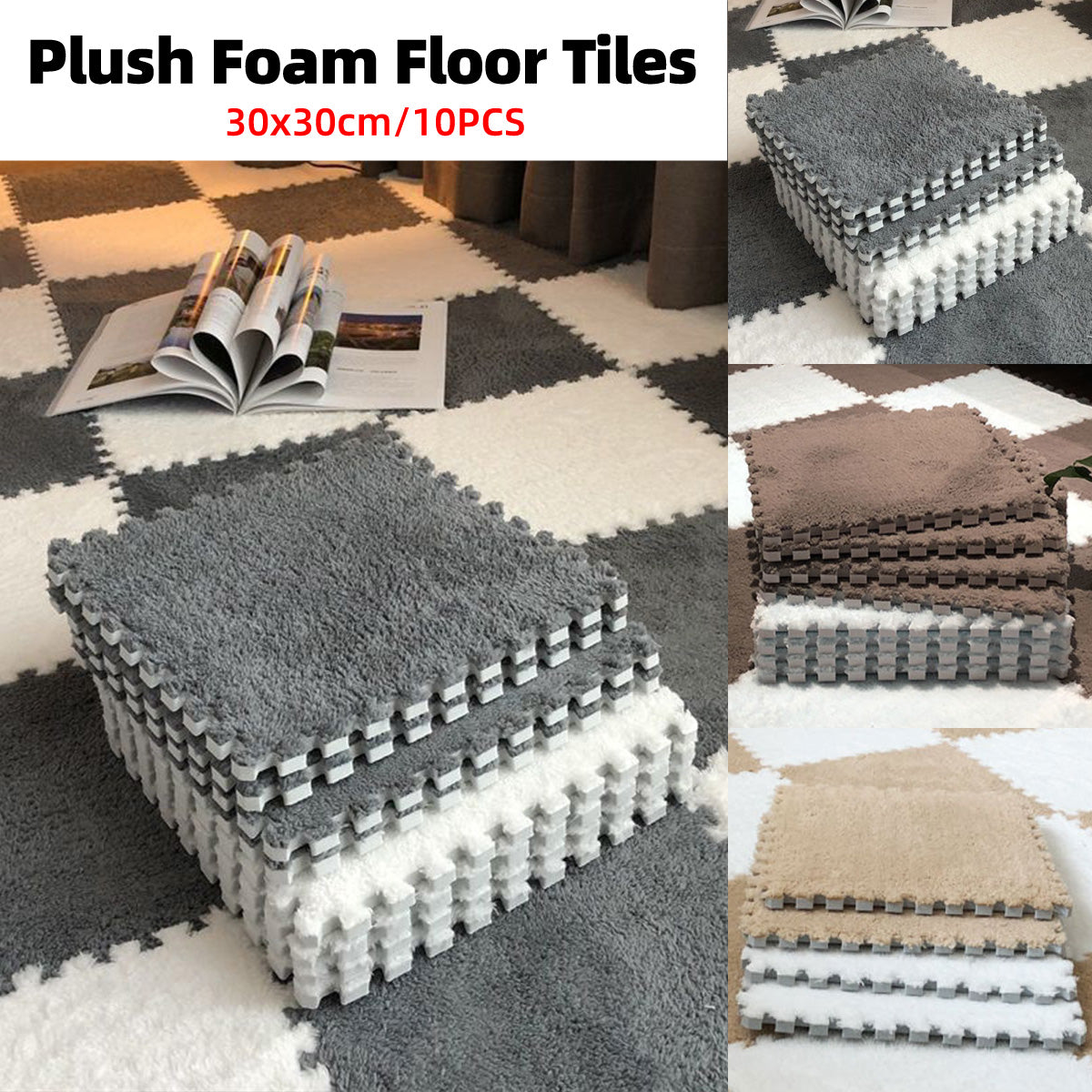 V528-CARPET-15-GREY-10PCS-612499-202509302254-00 Foam Floor Mats Set 10PCS Shaggy Interlocking Tiles Soft for Kids Room Play Area - Grey-White - Image 1