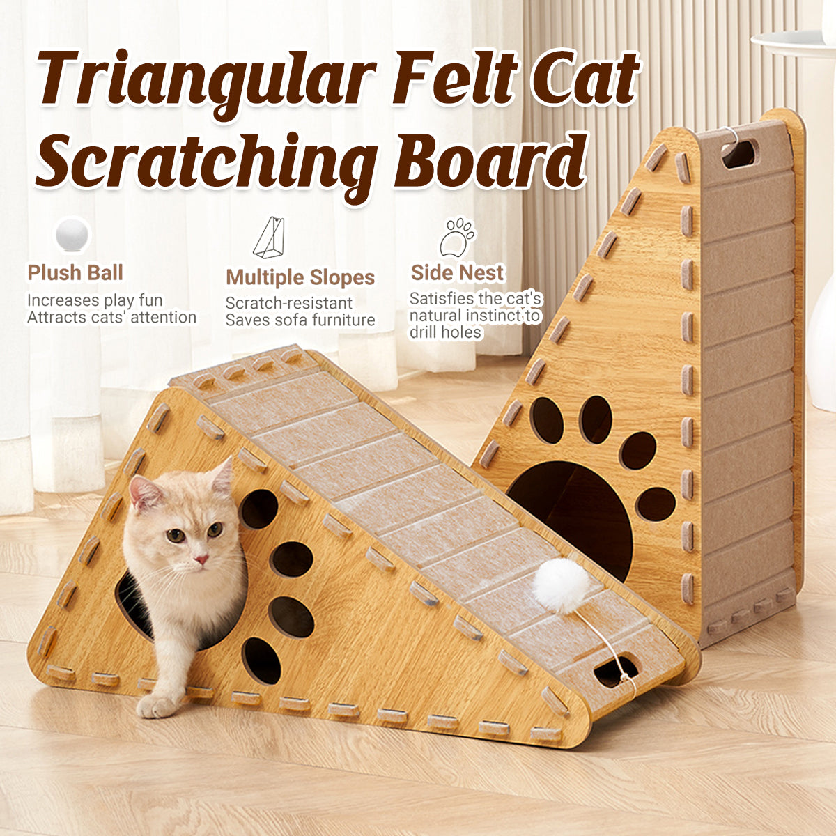 V528-CATTERY-CTS-996456-202509251245-00 Triangle Cat Scratch Board Felt Claw Pad Vertical Nest Durable All Season Use - Image 1