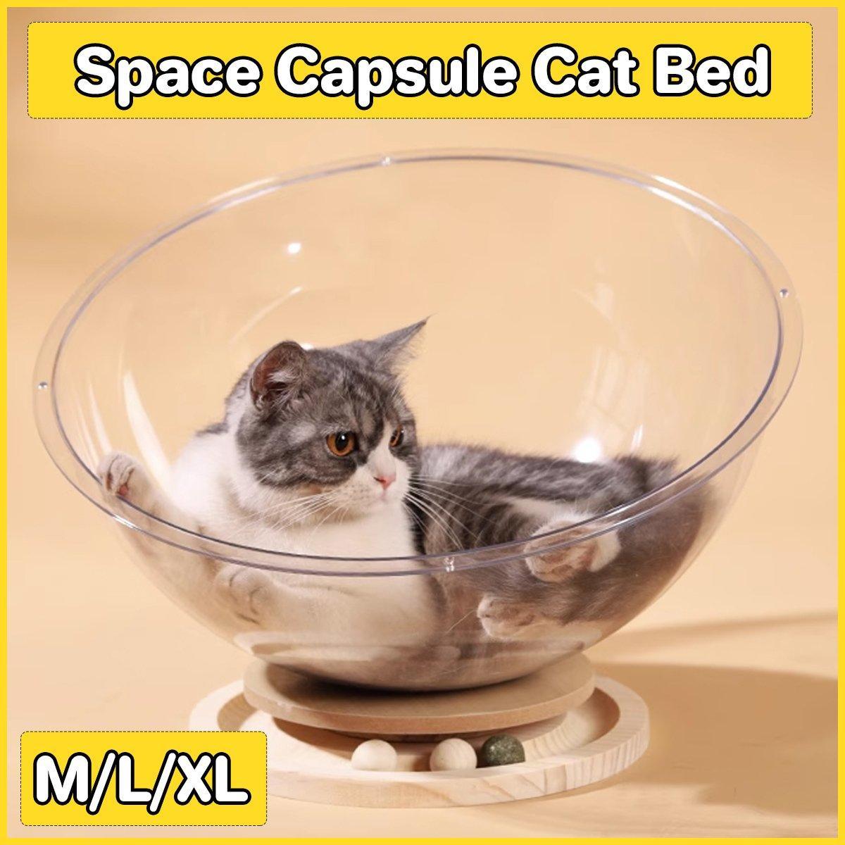 V528-CATTERY-ROUND-L-805872-202510010327-00 Four Seasons Acrylic Space Capsule Cat Bed Semi-closed Cool Nest Turntable Toy - L - Image 1