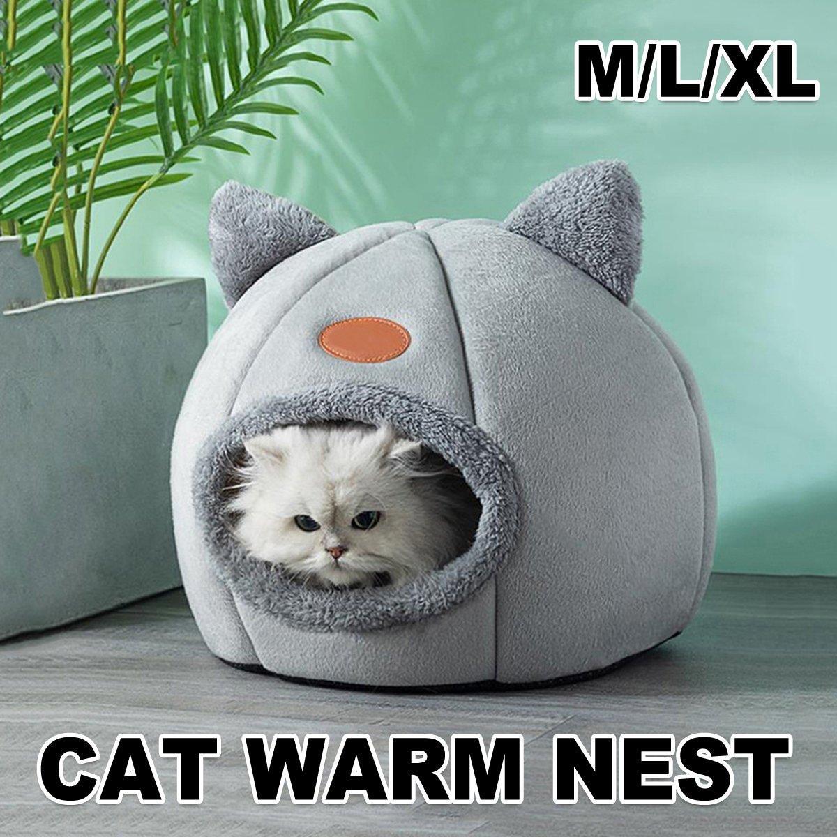 V528-CATTERY-TWO-EARS-GREY-XL-517776-202509301618-00 Cat Bed Winter Warm Enclosed Pet House Cozy Indoor Sleeping Nest for Cold Weather - XL - Image 1