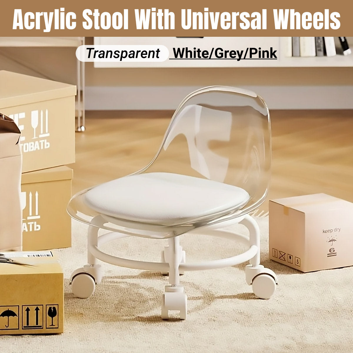 V528-CHAIR-GREY-244721-202510010418-00 Stool with Universal Wheels Pulley Short Stool with Backrest Comfortable Seat - Grey - Image 1