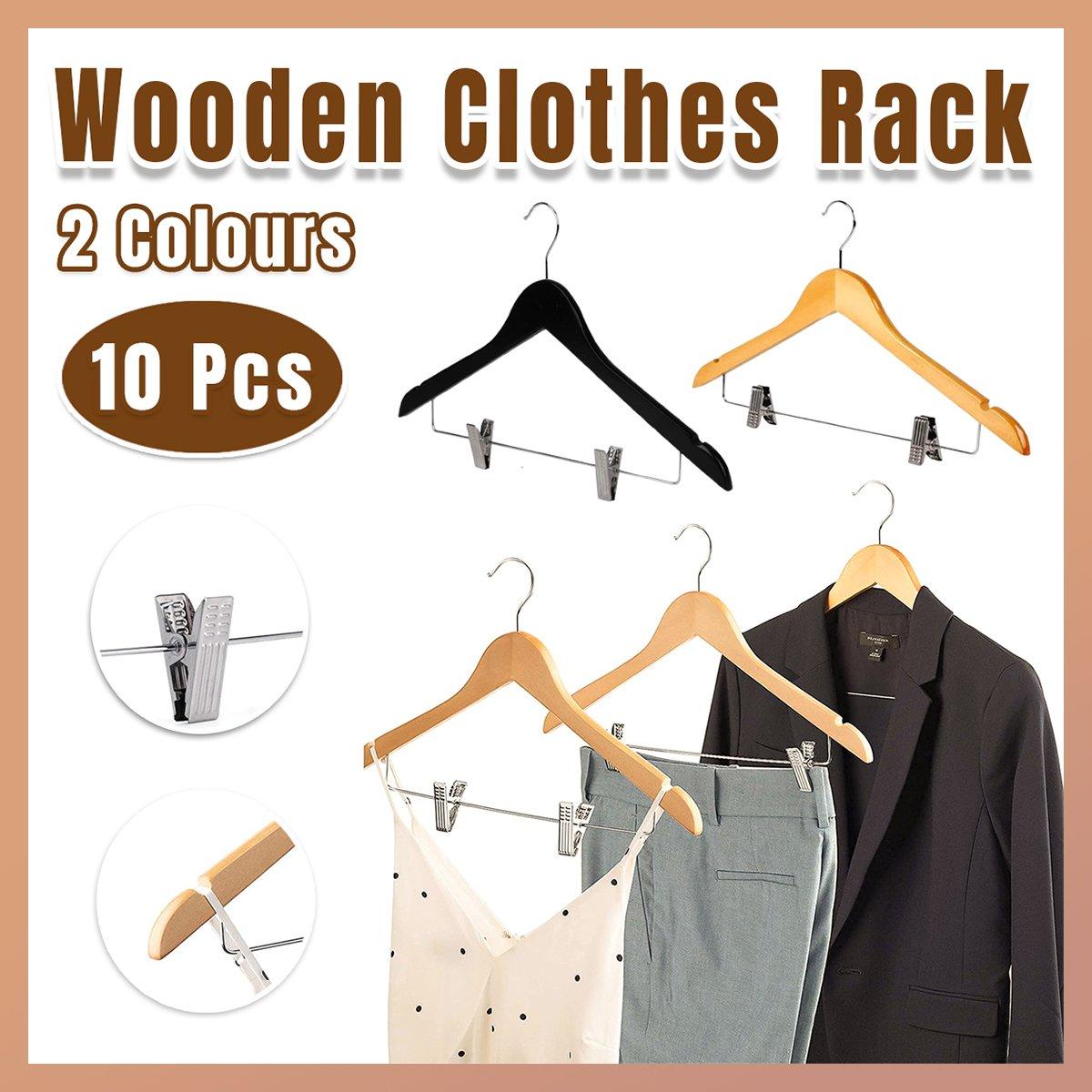 V528-CLIP-HANGER-BLACK-10PCS-832856-202509302318-00 10 Pcs Wooden Non-Slip Wide Shoulder Clothes Hanger with Clip for Hotel Wardrobe - Black - Image 1