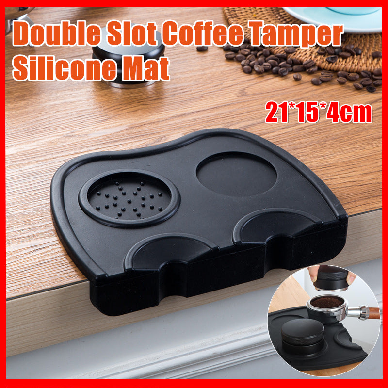 V528-COFFEEMATS-L-44191-202509291618-00 Double Slot Silicone Coffee Tamper Mat | Non-Slip Corner Tamping Pad 21×15×4cm - Image 1