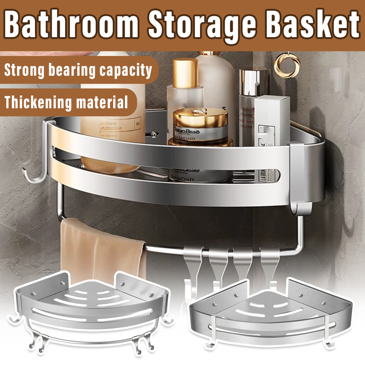 V528-CORNER-RACK-SILVER-905965-202510011209-00 Wall Mounted Bathroom Shelf Triangle Corner Shower Storage Rack for Toiletries - Single layer - Image 1