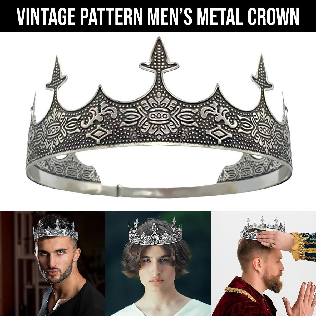 V528-CROWN-SILVER-459386-202509251336-00 Men Crown Headpiece Royal Vintage Metal Crown Gold Medieval King Costume Party - Image 1