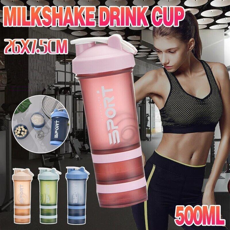 V528-CUP-PINK-74598-202509291818-00 Powder Milkshake Drink Cup Sport Water Bottle 500Ml 3 Tier Protein Shaker Pill - Pink - Image 1