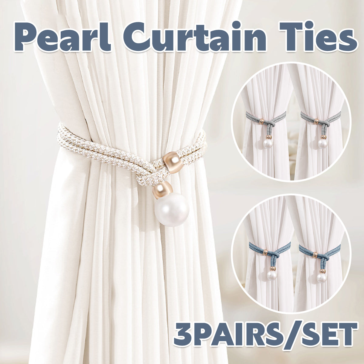 V528-CURTAIN-TIE-WHITE-3PAIR-252462-202509301918-00 Curtain Tiebacks Pearl Strap Set 3 Pairs Decorative Buckle Holder Rings Hooks - White - Image 1