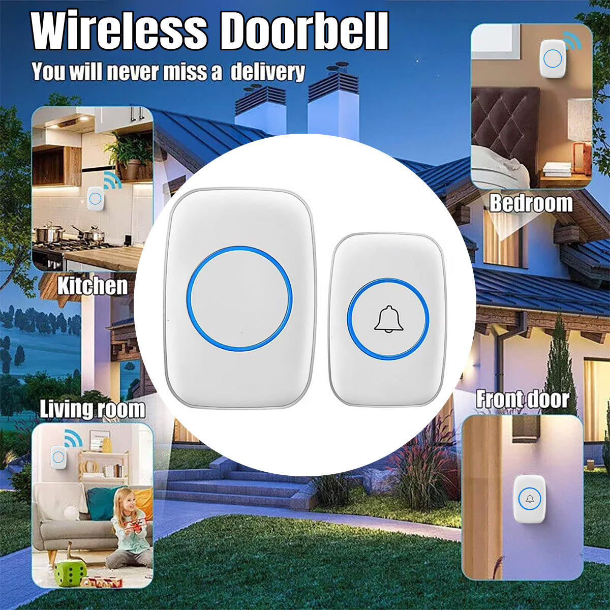 V528-DOORBELL-WHITE-727801-202509291427-00 Wireless Doorbell Kit Home Call Button Remote Control White Waterproof Chime - Image 1