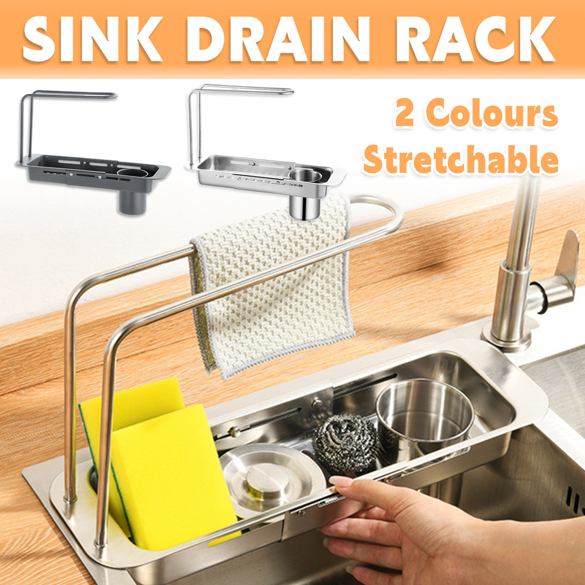 V528-DRAIN-RACK-BRIGHT-526197-202510010527-00 Retractable Kitchen Sink Draining Rack Water Filter Basket Storage Shelf Home - Silver - Image 1