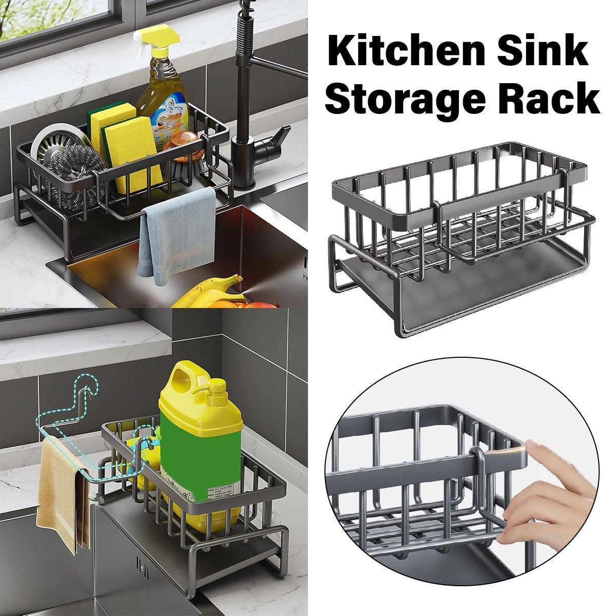V528-DRAINING-RACK-BLACK-726335-202509251340-00 Kitchen Sink Caddy Storage Organizer Steel Sponge Soap Brush Holder Faucet Rack - Image 1
