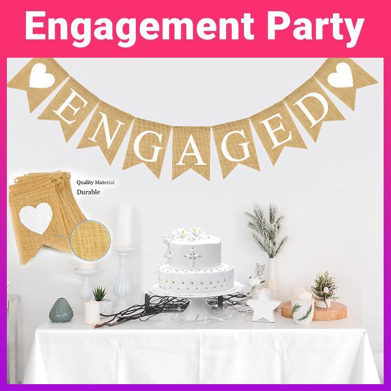 V528-ENGAGEMENTPARTY-785420-202509251345-00 Engaged Burlap Banner Rustic Hessian Bunting Engagement Party Decor - Image 1