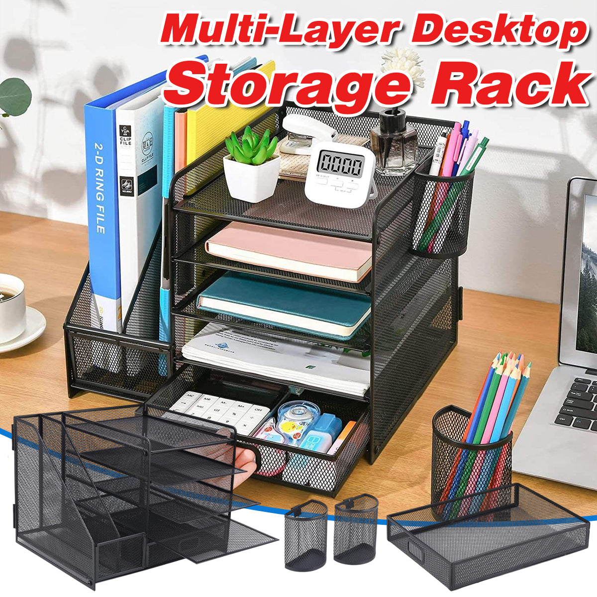 V528-FILE-RACK-BLACK-461085-202509291654-00 Multi-Tier Desktop Organizer File Holder Document Storage Rack Office Shelf - Image 1