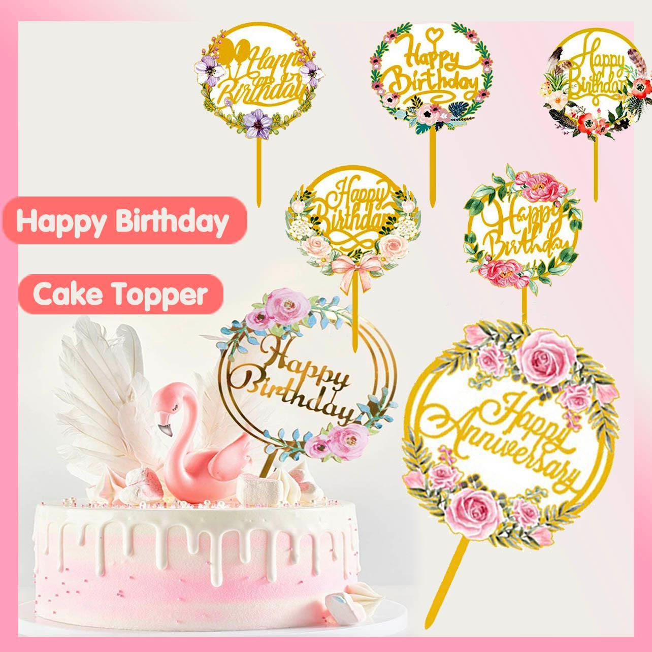 V528-FLOWER-TOPPERNO1-202510010345-00 Happy Birthday Anniversary Wedding Cake Flowers Topper Acrylic Party Decorations - NO.01 - Image 1