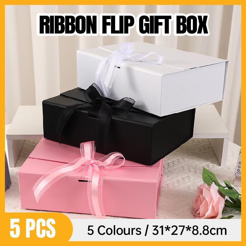 V528-GIFT-BOX-5PCS-31-27-88-PINK-675820-202509301536-00 Elegant Ribbon Flip Folding Gift Boxes Multiple Colors High-Quality Cardboard - Pink - Image 1