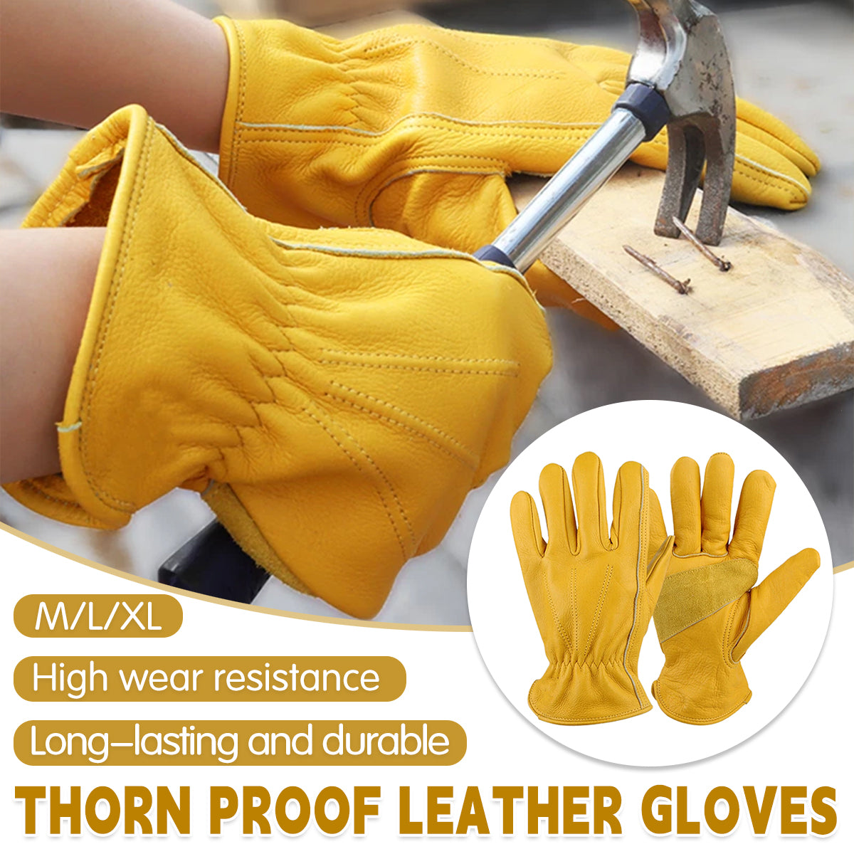 V528-GLOVES-1PAIR-XL-799414-202509301300-00 Golden Yellow Cowhide Work Gloves Full Finger Gardening DIY Home Maintenance Use - XL - Image 1