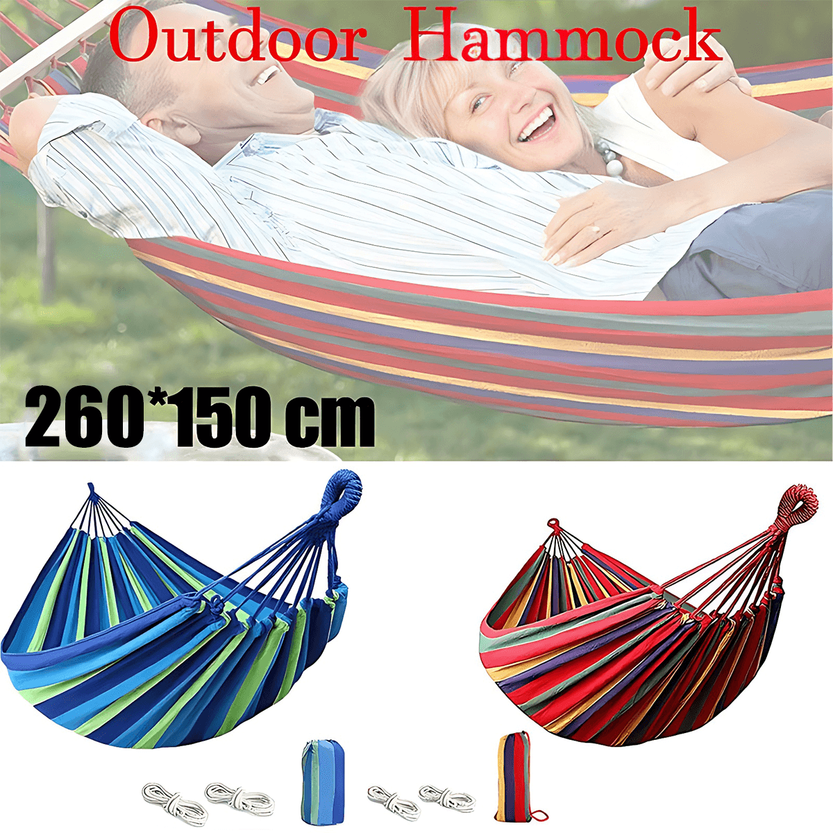 V528-HAMMOCKBED-RED-190156-202509301845-00 Double Outdoor Hammock 260x150cm with Straps for Camping Hanging Tree Bed - Red - Image 1