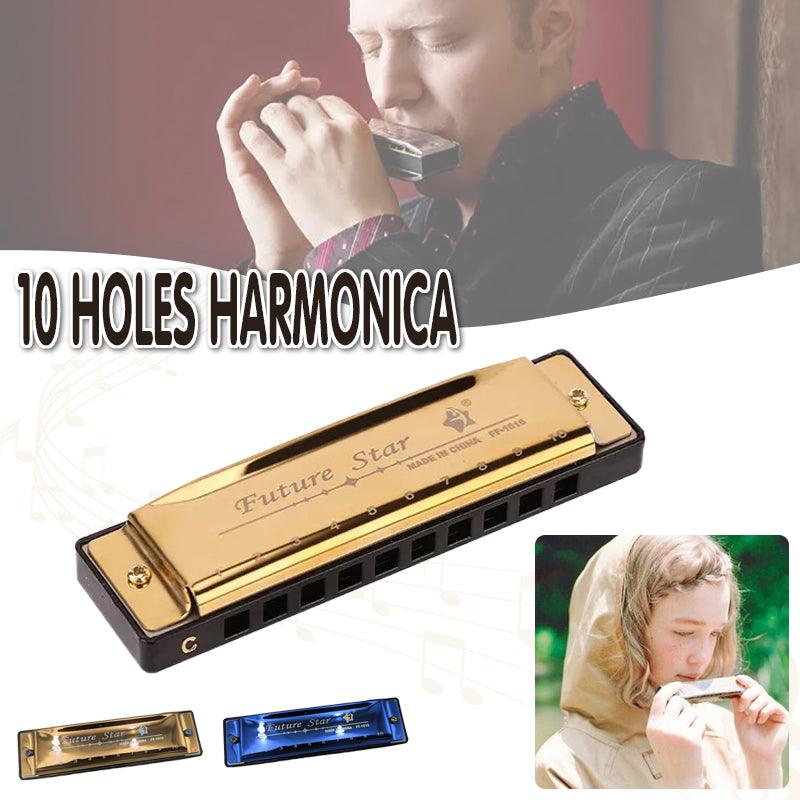 V528-HARMONICA-GOLD-390656-202509301527-00 Harmonica 10 Holes Key Of C Blue Blues Harp Stainless Steel Brass - Gold - Image 1