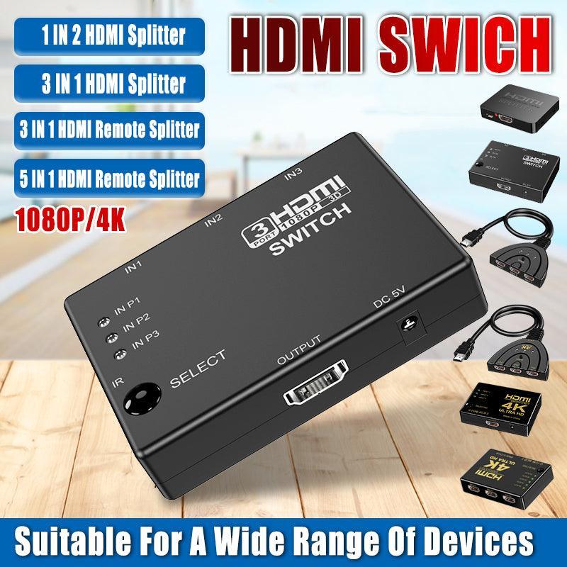 V528-HDMIREMOTESPLITTER-5IN1-507280-202510010754-00 HDMI Switch Splitter 3-in-1 5-in-1 or 1-in-2 1080p 4K Manual or Remote Options - 5 in 1 Switch 4K Remote IR - Image 1