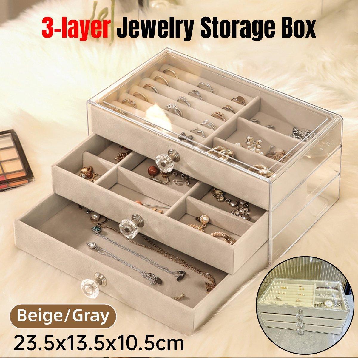 V528-JEWELRY-BOX-GREY-625793-202509301136-00 Three Layer Flannel Jewelry Storage Box Dustproof Drawer Organizer for Earrings - Grey - Image 1
