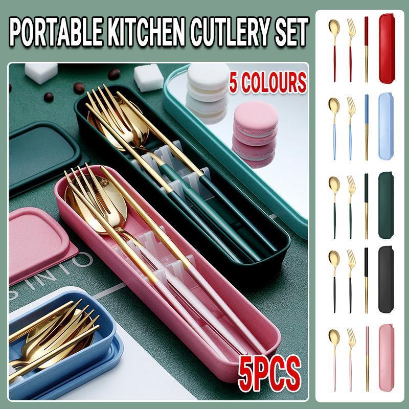 V528-JY-68-BLACK-159565-202510010627-00 5PC Stainless Steel Portable Cutlery Set - Fork Spoon for Travel & Picnic - Black - Image 1