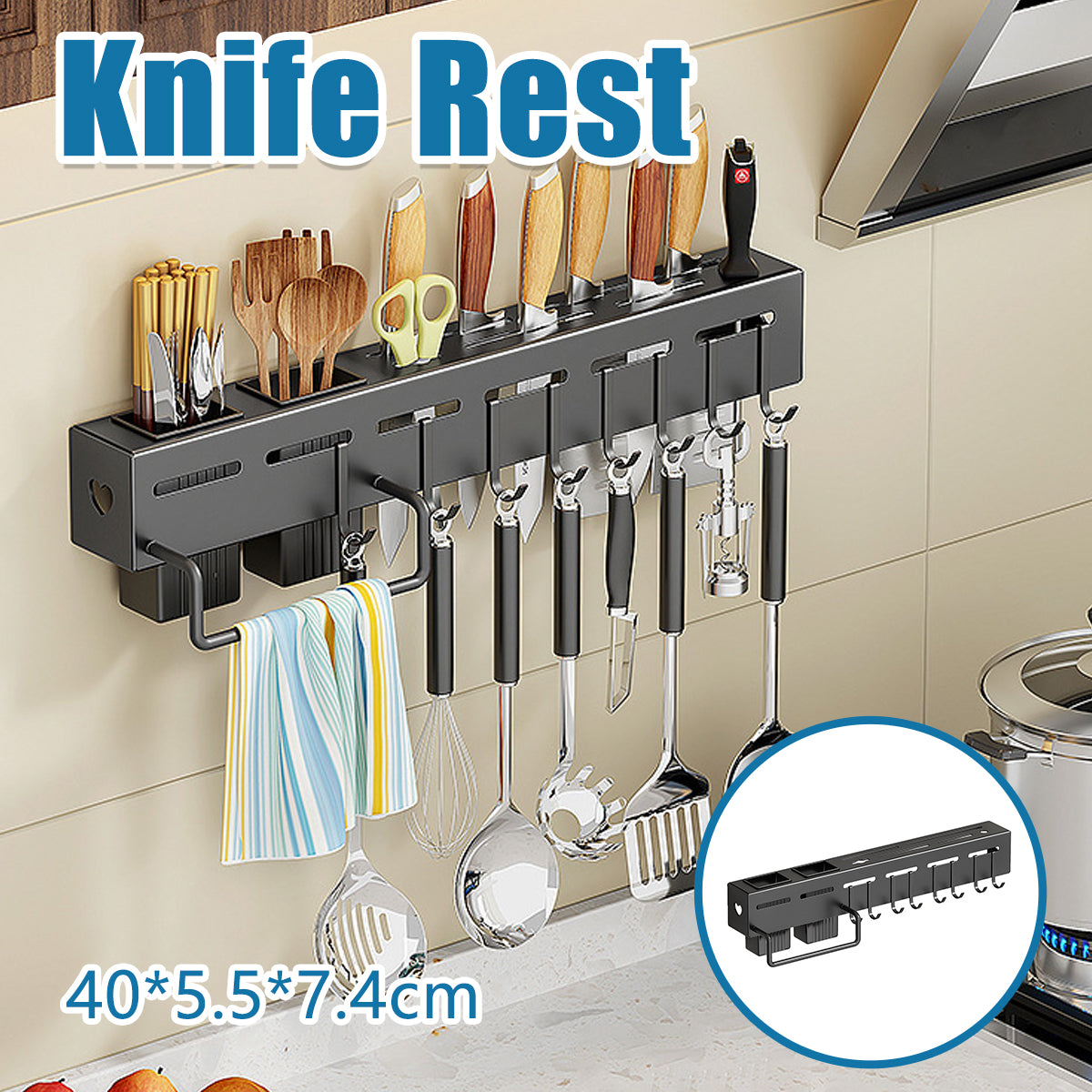 V528-KNIFE-REST-BLACK-40CM-116441-202509251626-00 Stainless Steel Kitchen Utensil Storage Rack Organiser Knife Pan Holder Shelves - Image 1