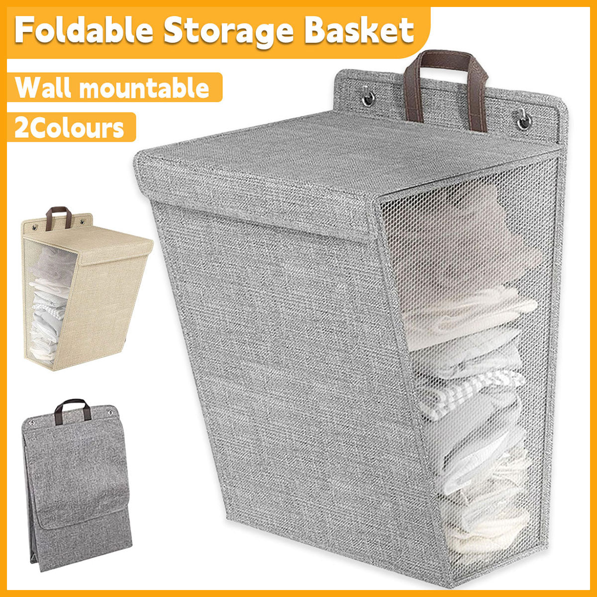 V528-LAUNDRY-BASKET-GREY-L-772334-202510011118-00 Foldable Laundry Basket Wall Mounted Clothes Storage Basket Household Organizer - Grey - Image 1