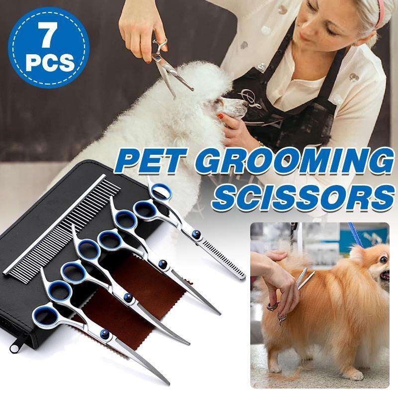 V528-MH00410-7PCS-662815-202509291800-00 7PCS Pet Grooming Scissors Set Straight Curved Dog Cat Cutting Thinning Shears - Image 1