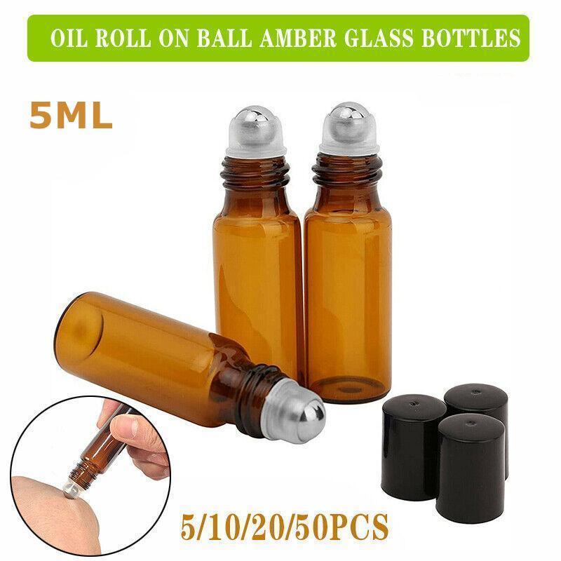 V528-OILBOTTLE-5ML-10PCS-82708-202510011118-00 5ml Roller Rollerball Perfume Essential Oil Roll On Ball Amber Glass Bottle - 10PCS - Image 1